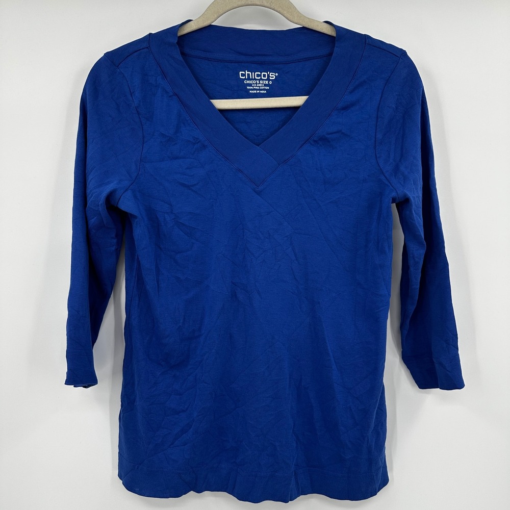 Chicos Royal Blue Pima Cotton V-Neck 3/4 Sleeve Top Size 0 Small